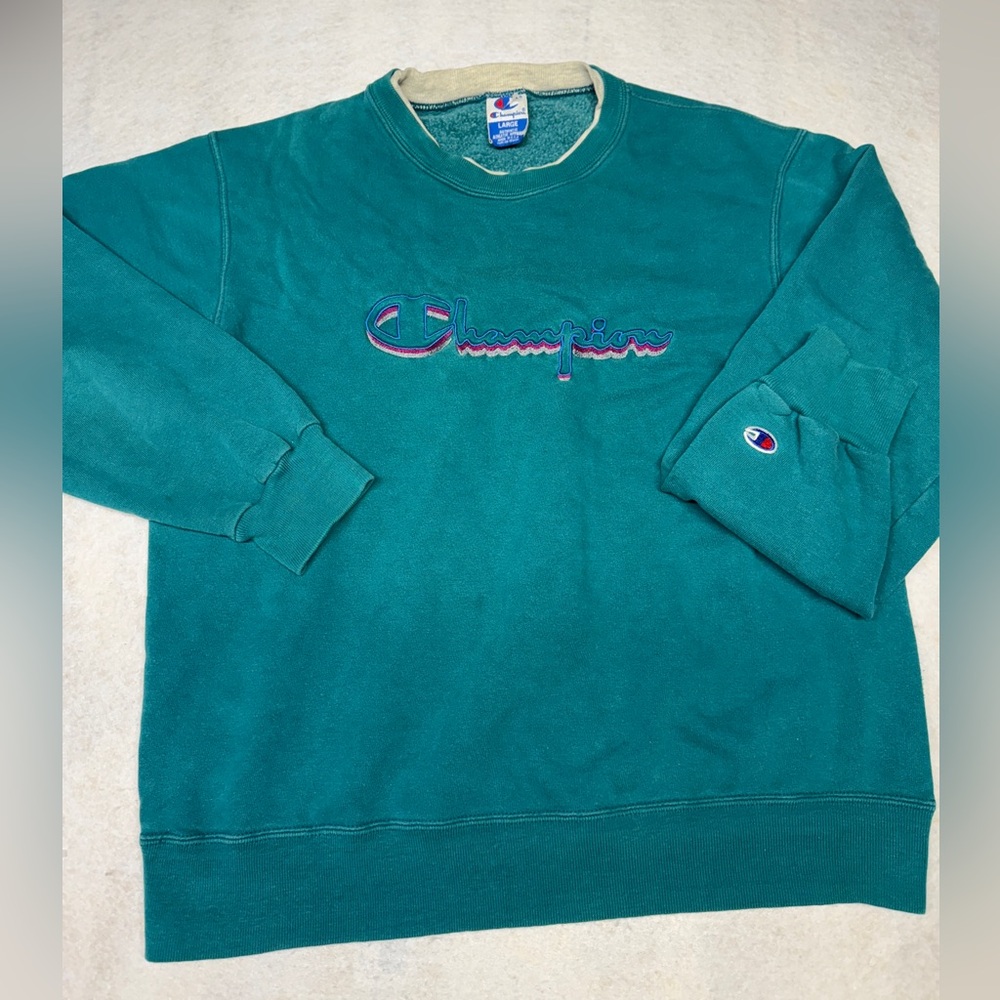 Vintage‎ 90s Men’s Large Teal Champion Spell Out Crewneck Sweatshirt Made In USA